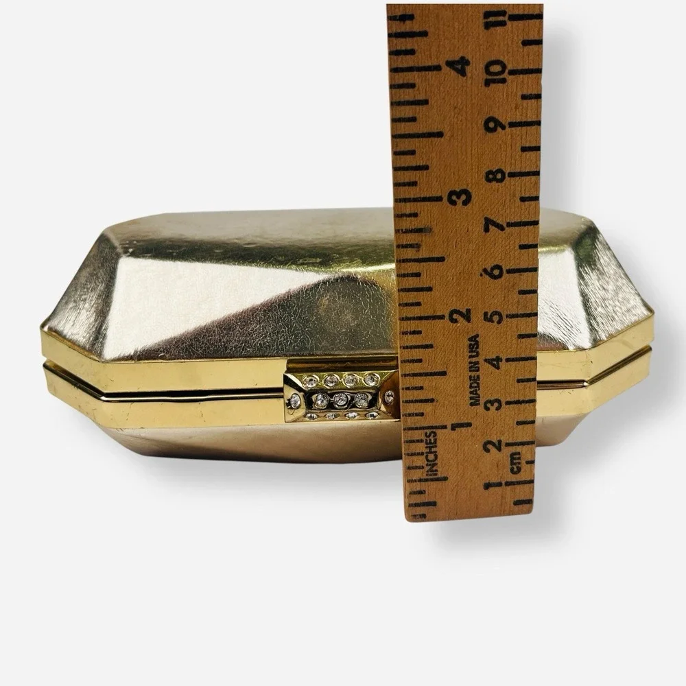 Vintage Nite Bags Gold Hard Shell Clutch Emerald Shape‎ Bar Rhinestone Clasp